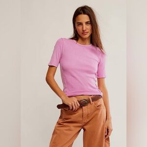Free People Pink Short Sleeve Slim Ribbed Tee